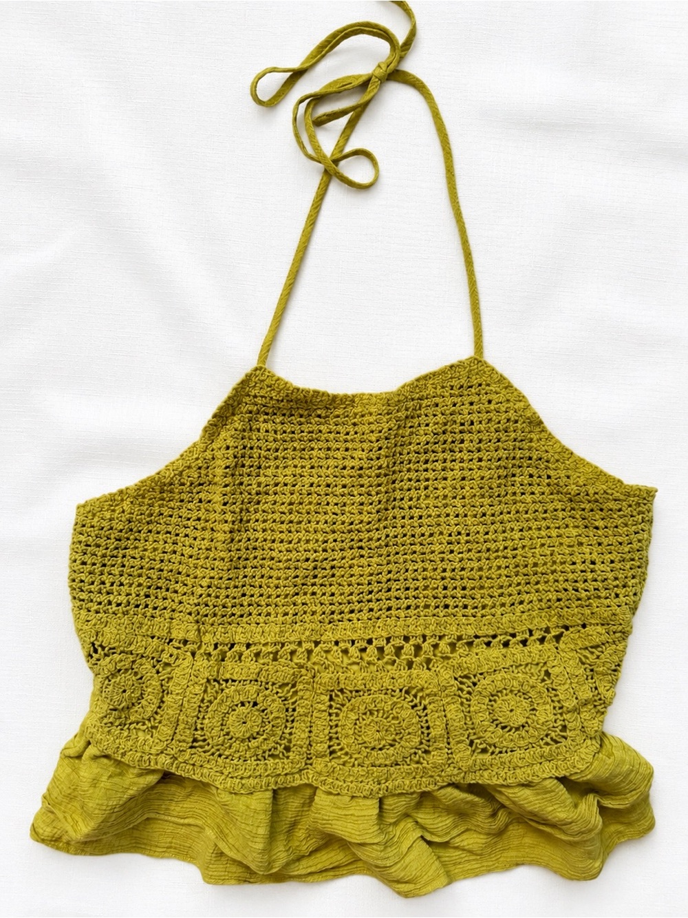 Milk & Honey Boho Crochet Festival Halter Ruffle Top – Size Large